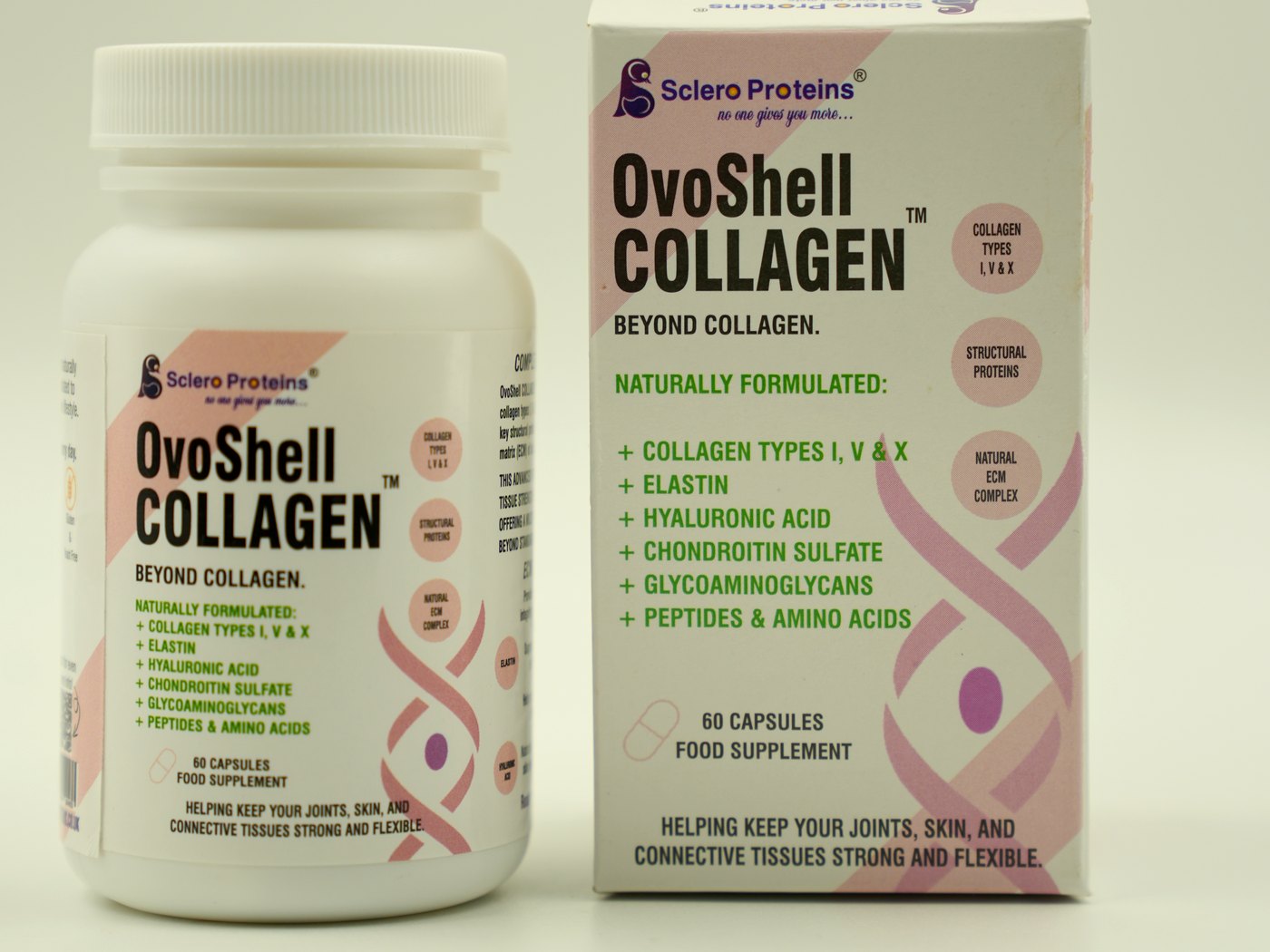 OvoShell Collagen bottle and carton, showing the naturally formulated ingredient list: collagen types I, V and X, elastin, hyaluronic acid, chondroitin sulfate, glycosaminoglycans, peptides and amino acids
